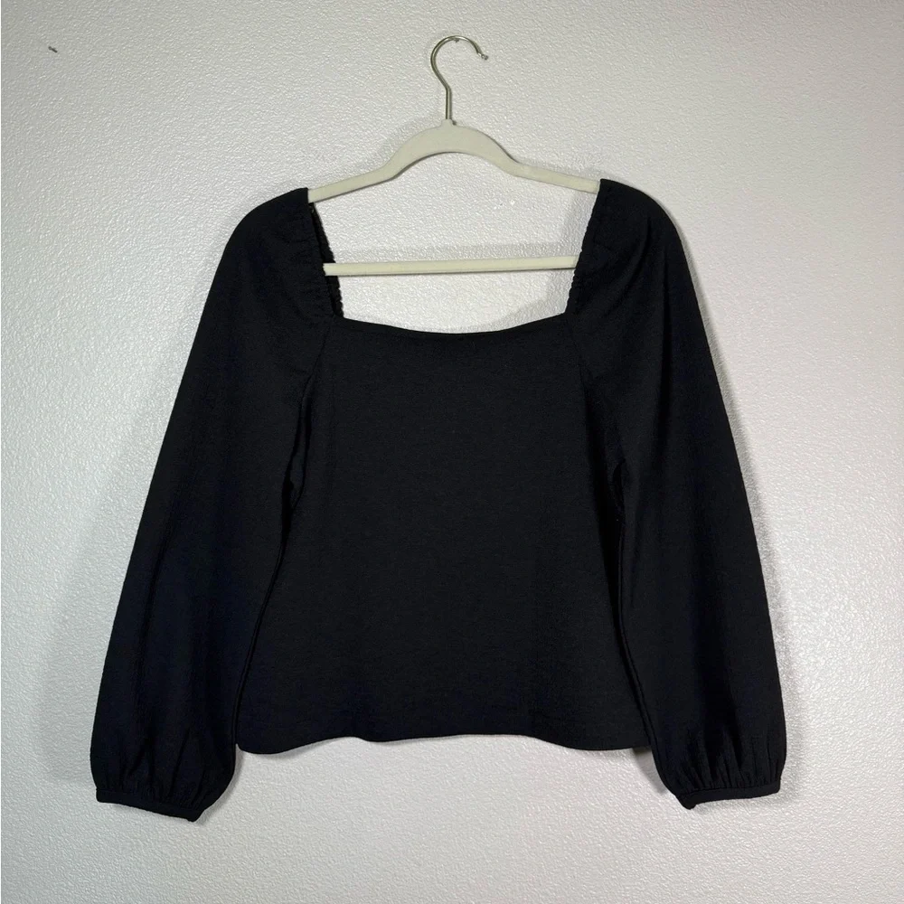 NWT Crepe Square-Neck Puff-Sleeve Top Black Small K15